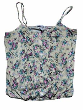 Floral Print Spaghetti Strap Tank Top - Beige with Pink Flowers- Straight 2000’s
